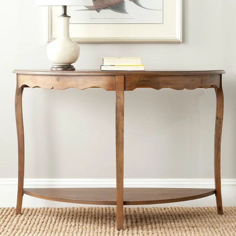 French Scalloped Half Moon Console Table with Bottom Shelf