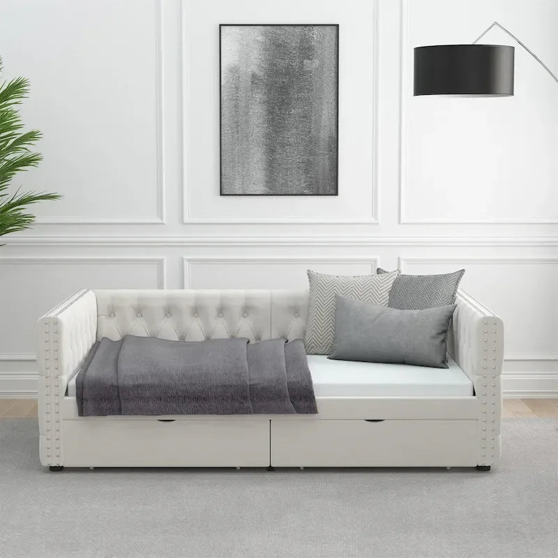 Twin Size Daybed with Drawers Upholstered Tufted Sofa Bed