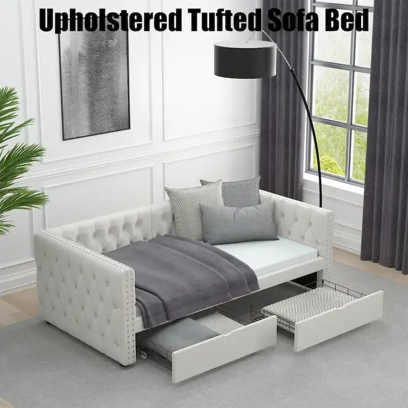 Twin Size Daybed with Drawers Upholstered Tufted Sofa Bed