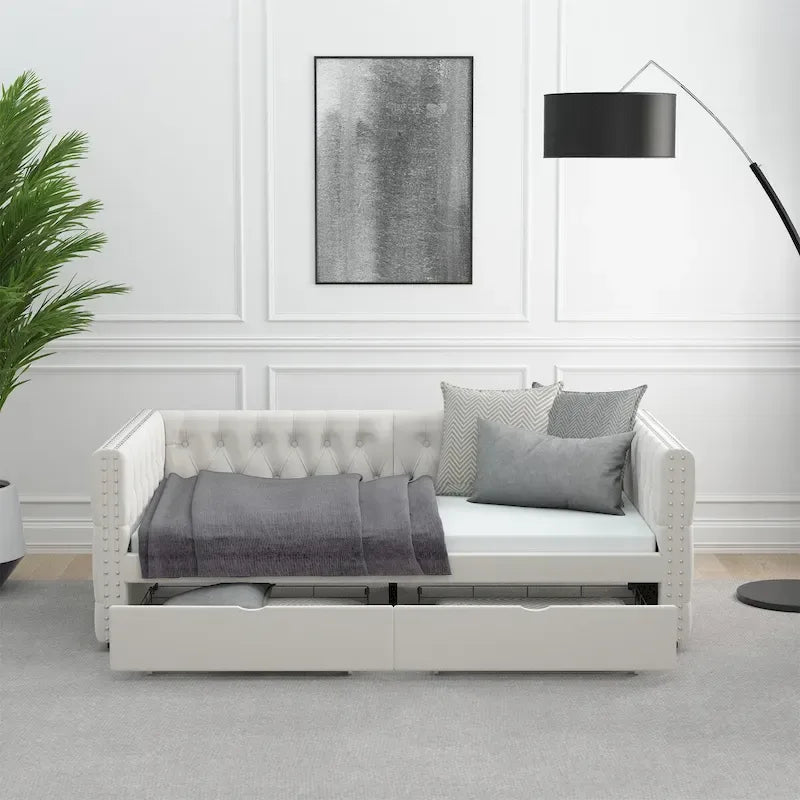 Twin Size Daybed with Drawers Upholstered Tufted Sofa Bed