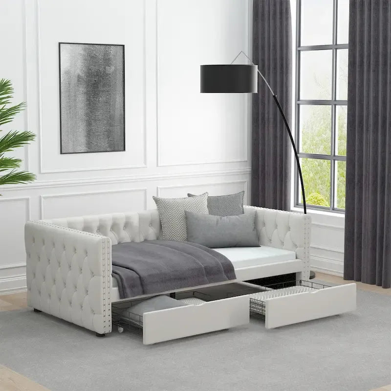 Twin Size Daybed with Drawers Upholstered Tufted Sofa Bed