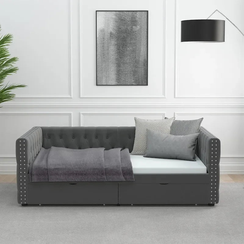 Twin Size Daybed with Drawers Upholstered Tufted Sofa Bed