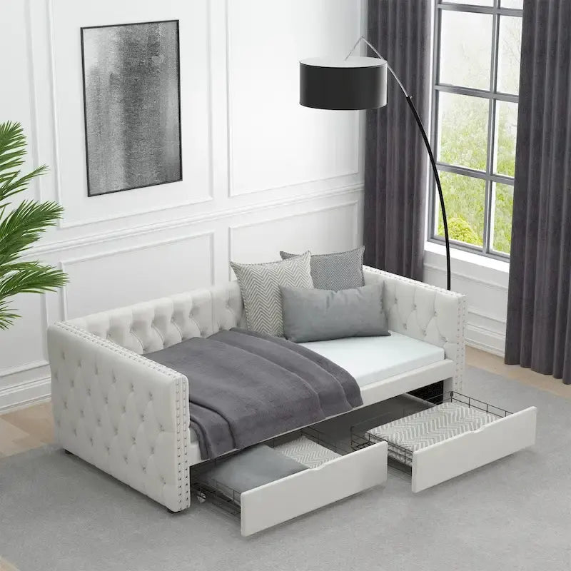 Twin Size Daybed with Drawers Upholstered Tufted Sofa Bed