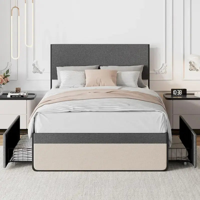 Bed Frame With 2 Storage Drawers And Upholstered Headboard