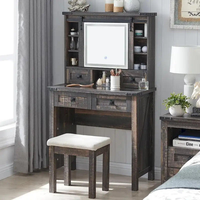 Farmhouse Makeup Vanity Desk, Vanity Dressing Table, Stool Included