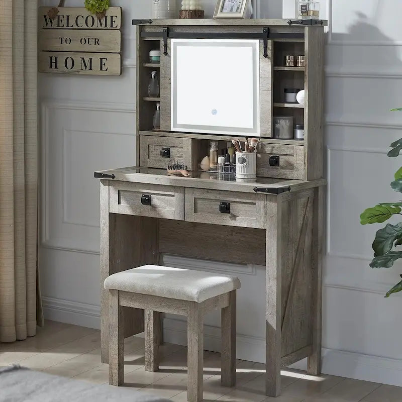 Farmhouse Makeup Vanity Desk, Vanity Dressing Table, Stool Included