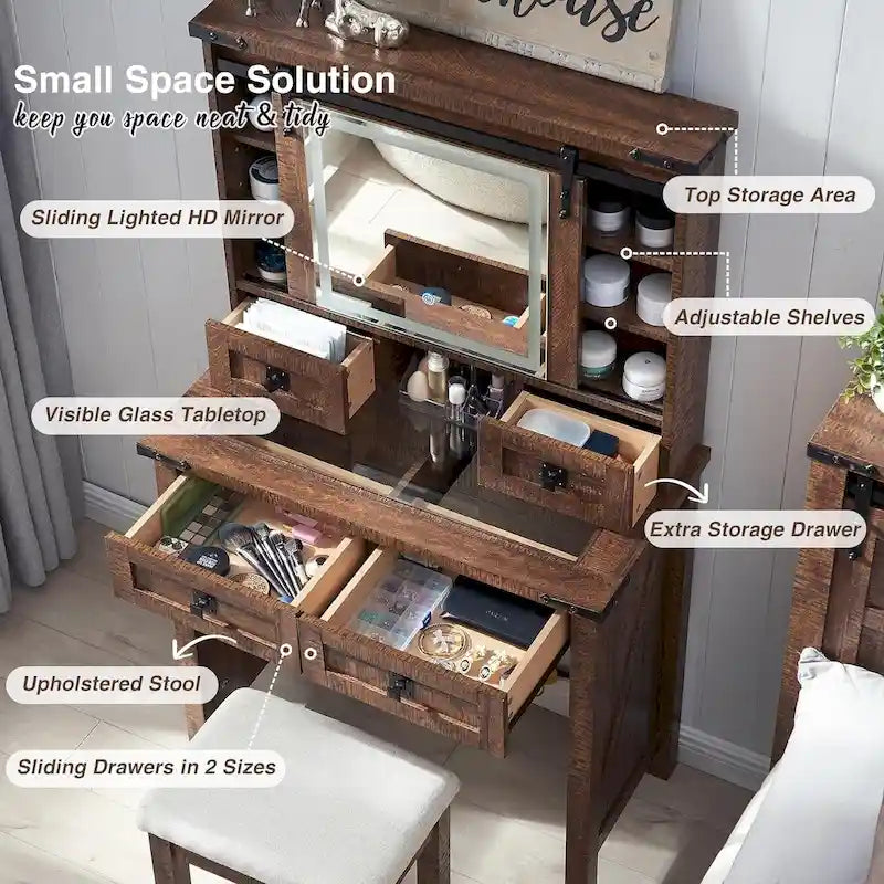 Farmhouse Makeup Vanity Desk, Vanity Dressing Table, Stool Included