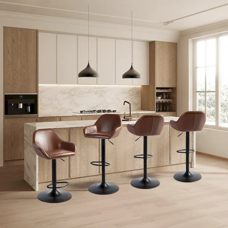 Mid-Century Adjustable Swivel Bar Stool with Faux Leather Cushioned Seat