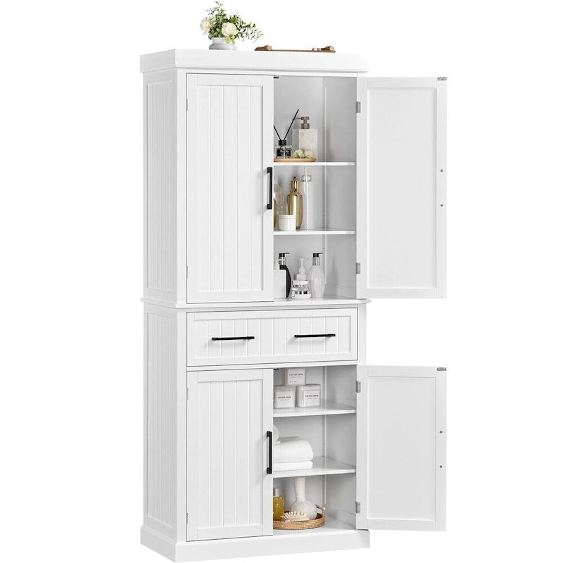 Tall Pantry Cabinet with Doors, Drawer and Adjustable Shelves, White