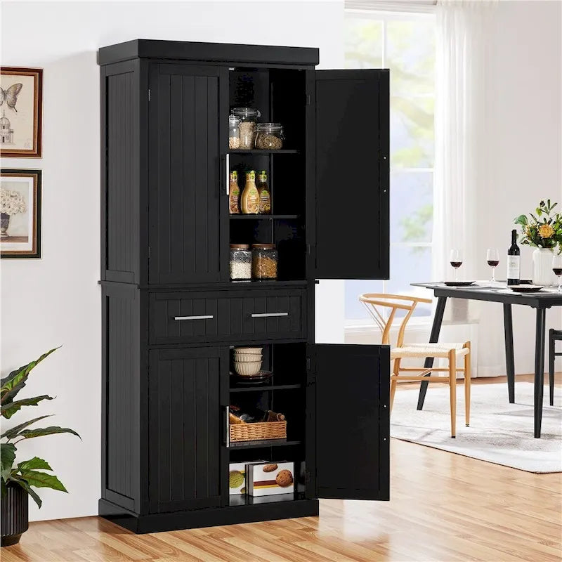 Tall Pantry Cabinet with Doors, Drawer and Adjustable Shelves, White