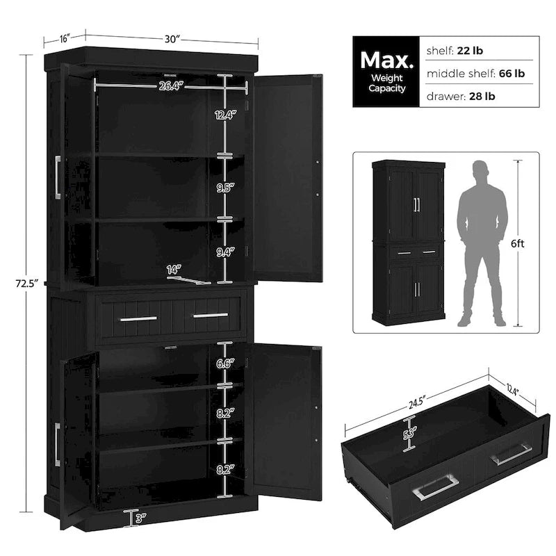 Tall Pantry Cabinet with Doors, Drawer and Adjustable Shelves, White