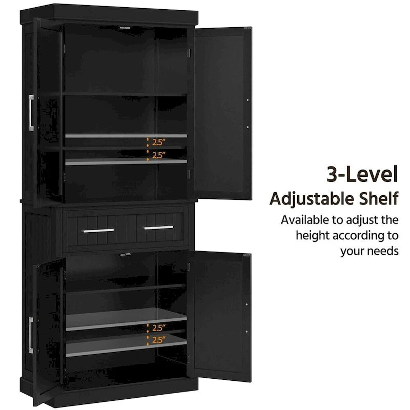 Tall Pantry Cabinet with Doors, Drawer and Adjustable Shelves, White