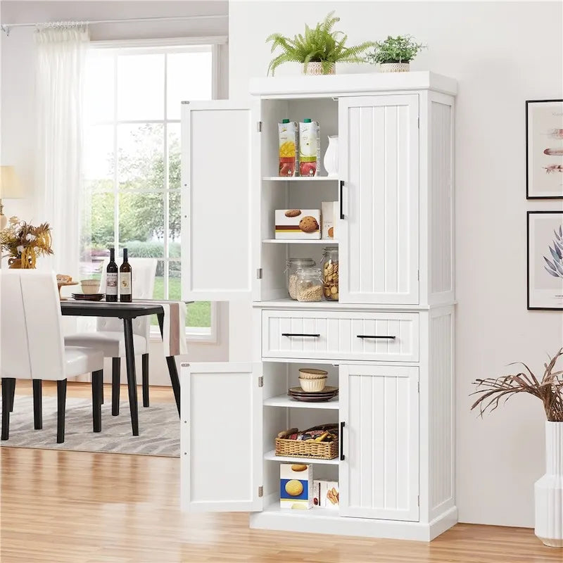 Tall Pantry Cabinet with Doors, Drawer and Adjustable Shelves, White