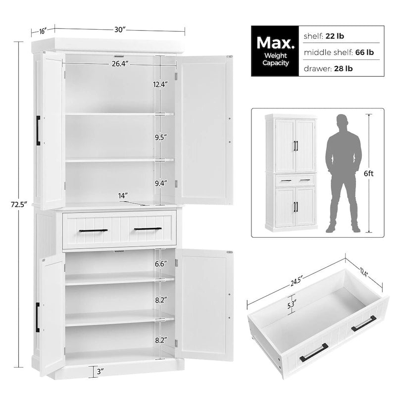 Tall Pantry Cabinet with Doors, Drawer and Adjustable Shelves, White