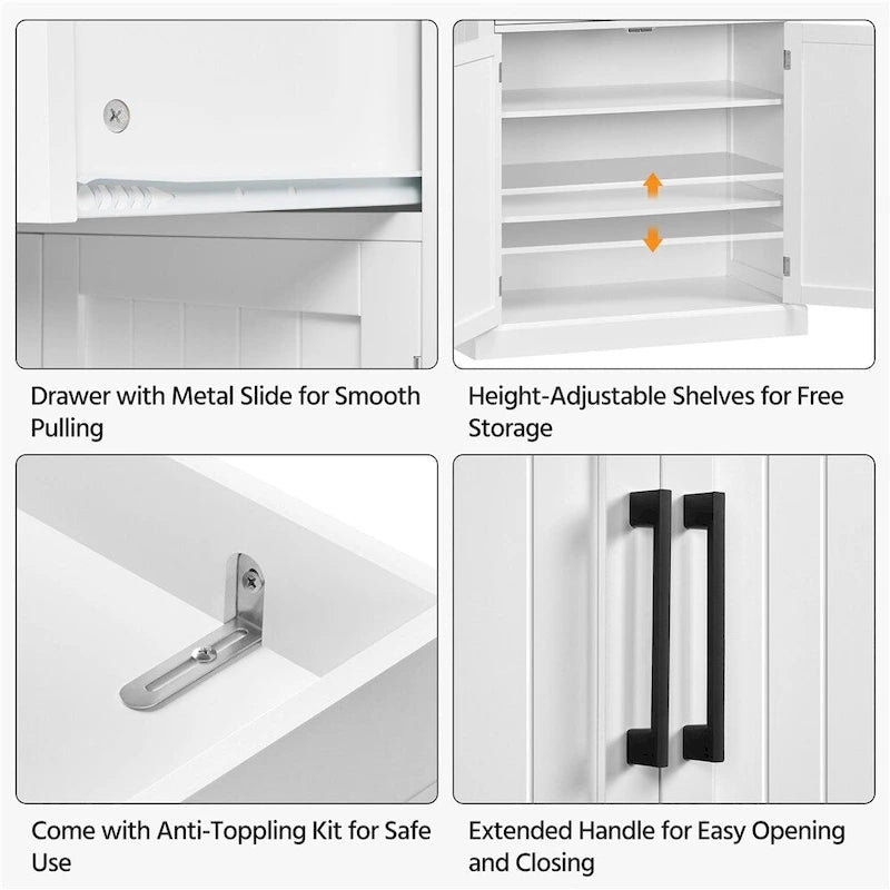 Tall Pantry Cabinet with Doors, Drawer and Adjustable Shelves, White