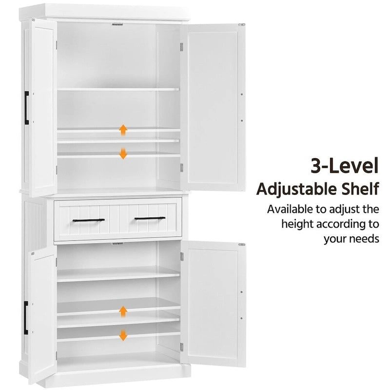 Tall Pantry Cabinet with Doors, Drawer and Adjustable Shelves, White