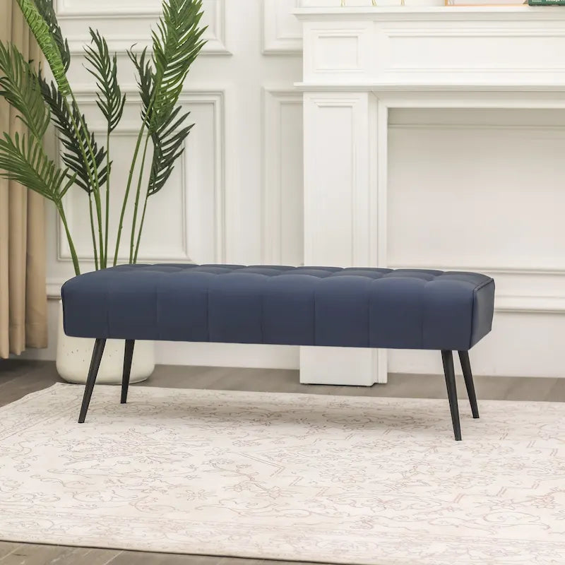 Tufted Faux Leather Upholstered Bench with Black Metal Legs