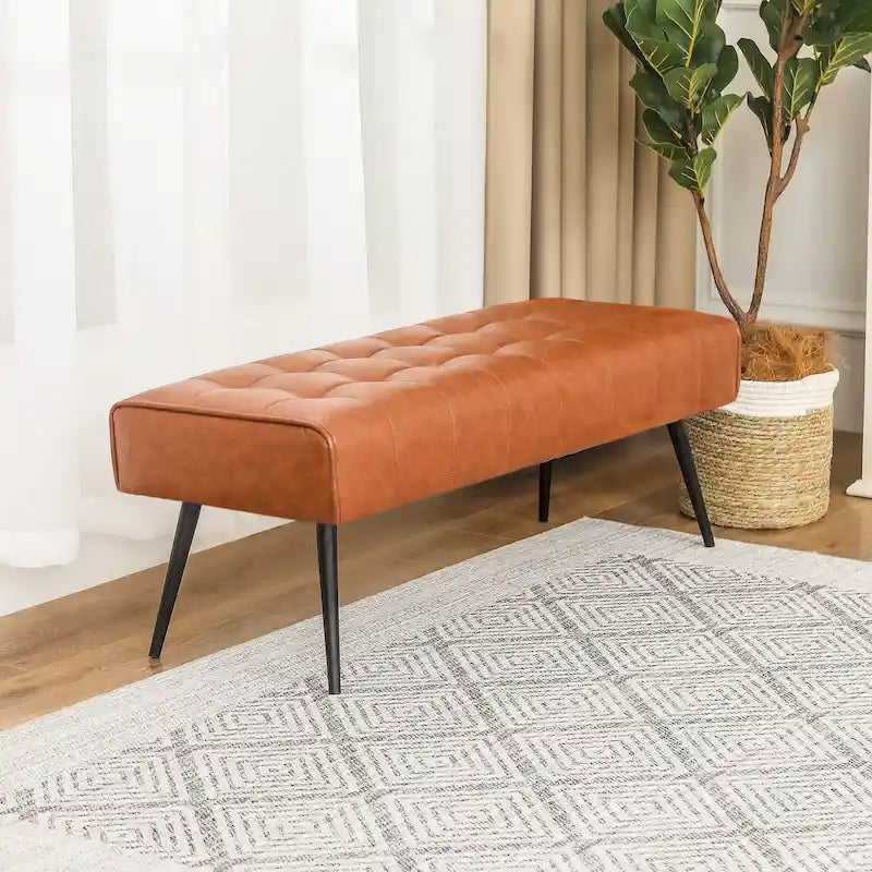 Tufted Faux Leather Upholstered Bench with Black Metal Legs