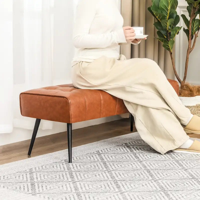 Tufted Faux Leather Upholstered Bench with Black Metal Legs