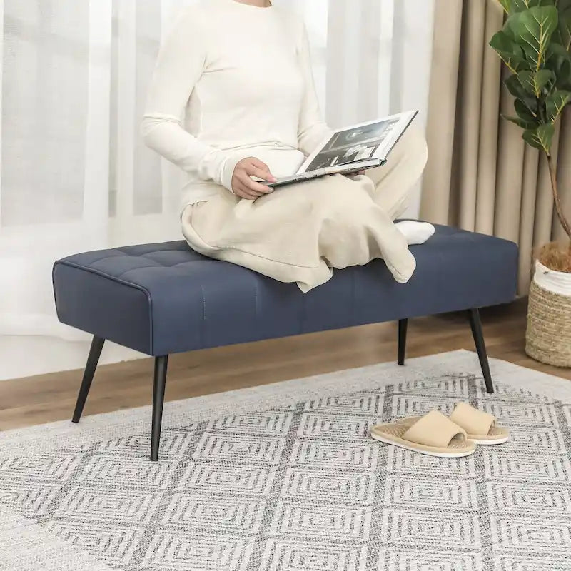 Tufted Faux Leather Upholstered Bench with Black Metal Legs