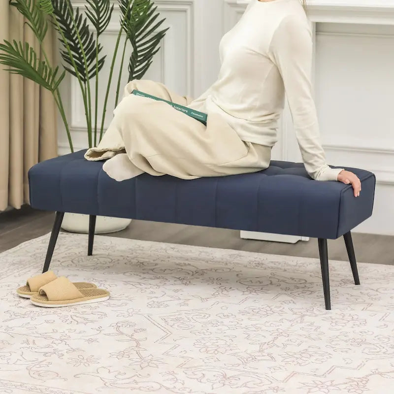 Tufted Faux Leather Upholstered Bench with Black Metal Legs