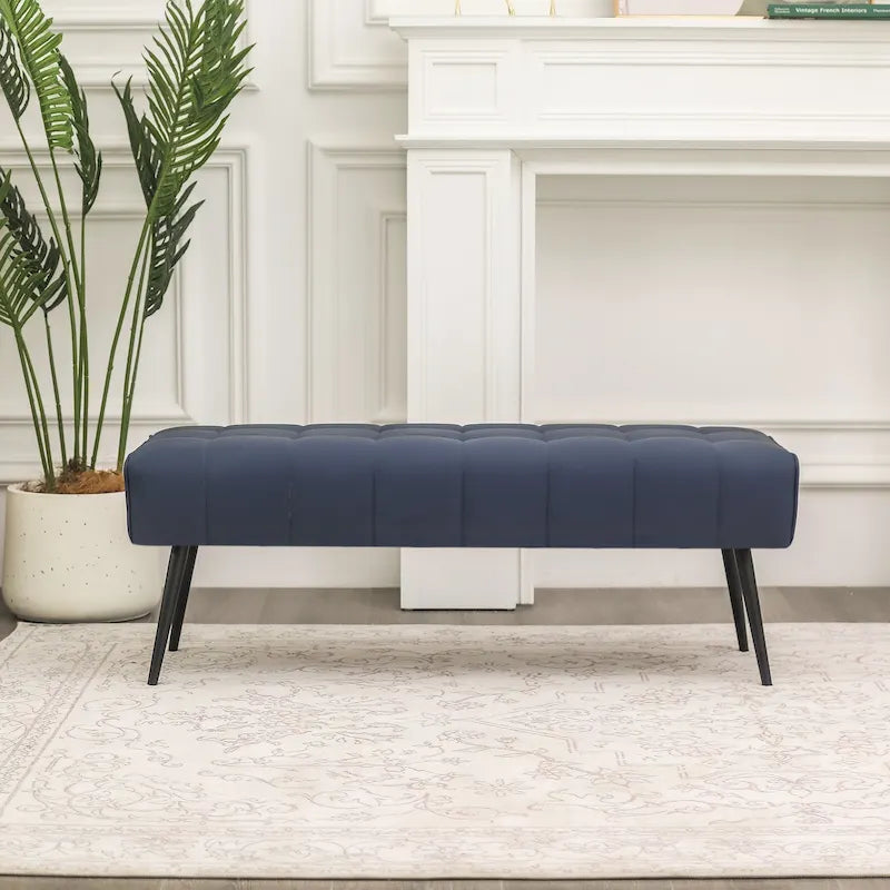Tufted Faux Leather Upholstered Bench with Black Metal Legs