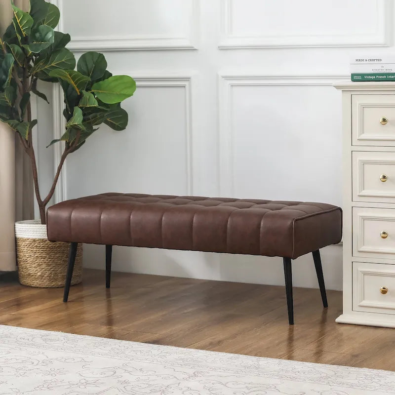 Tufted Faux Leather Upholstered Bench with Black Metal Legs