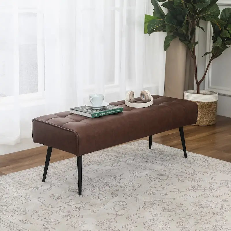 Tufted Faux Leather Upholstered Bench with Black Metal Legs