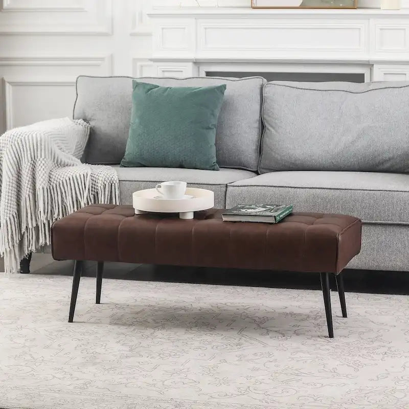 Tufted Faux Leather Upholstered Bench with Black Metal Legs