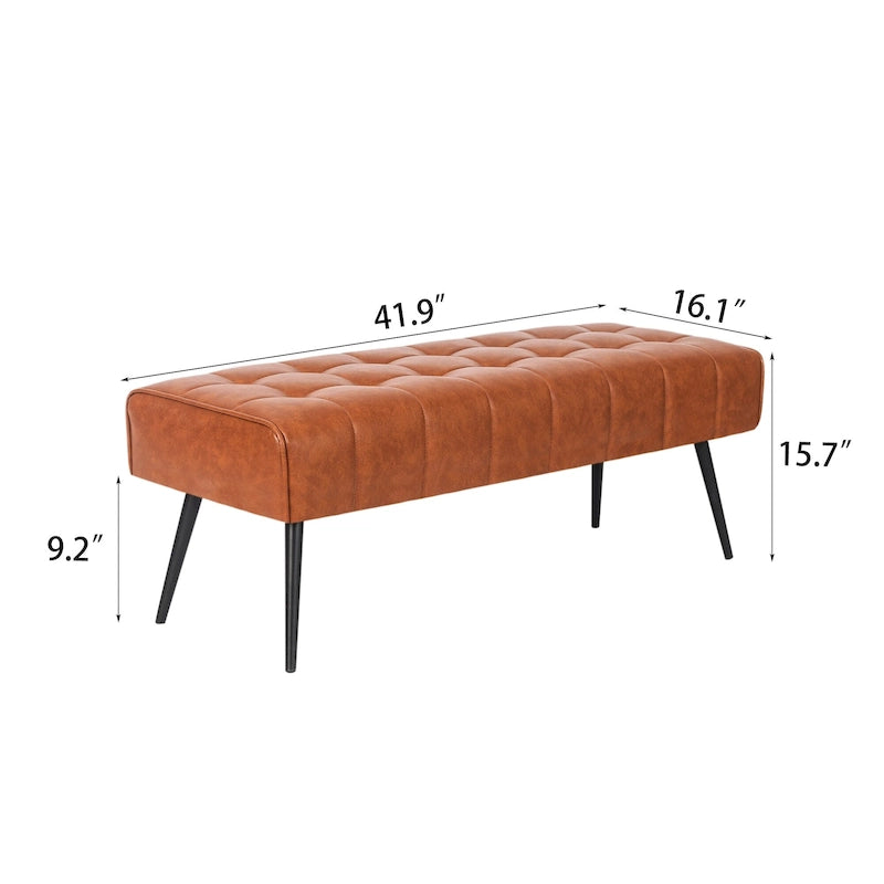 Tufted Faux Leather Upholstered Bench with Black Metal Legs