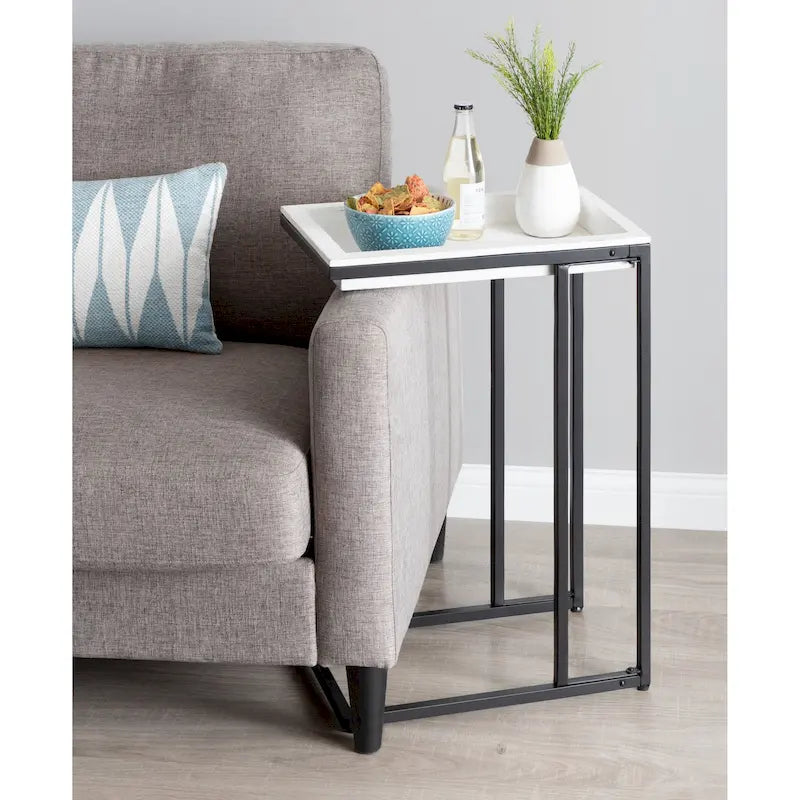 C-Shaped Wood Side Table with Removable Tray Top, Natural White Gray Black