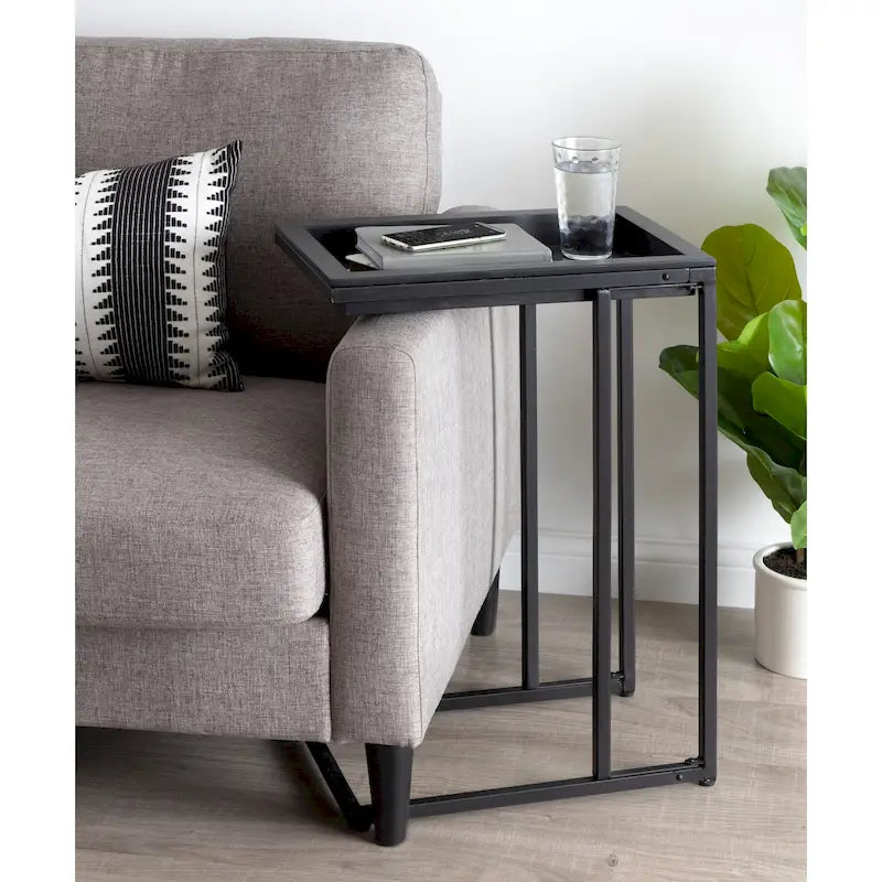 C-Shaped Wood Side Table with Removable Tray Top, Natural White Gray Black