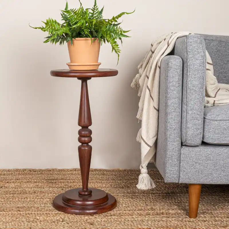 Round Lathe-Turned Hardwood Pedestal Side Table Dark Chestnut Dove Grey Black