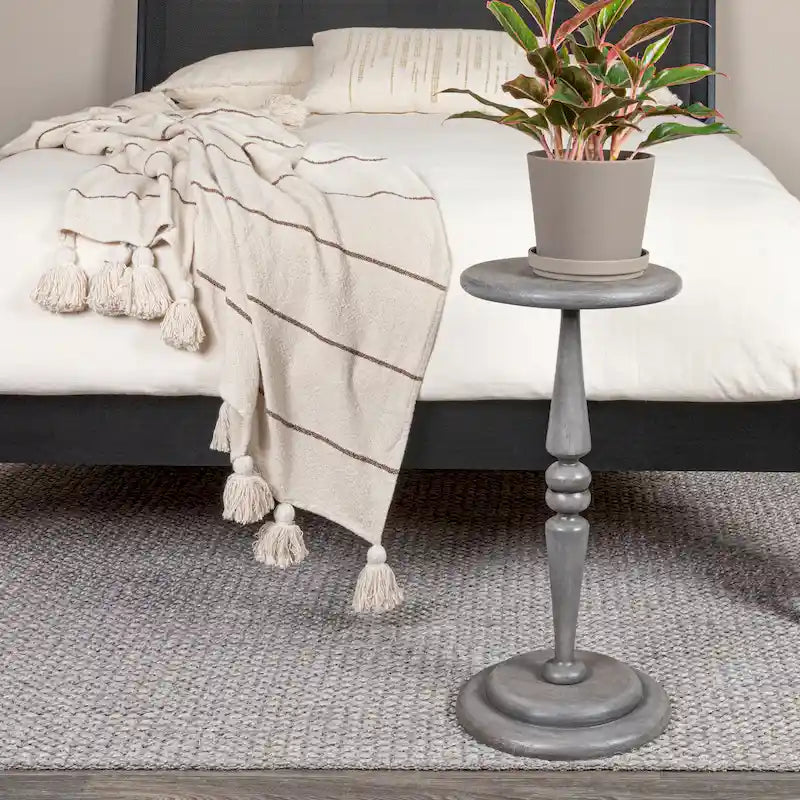 Round Lathe-Turned Hardwood Pedestal Side Table Dark Chestnut Dove Grey Black
