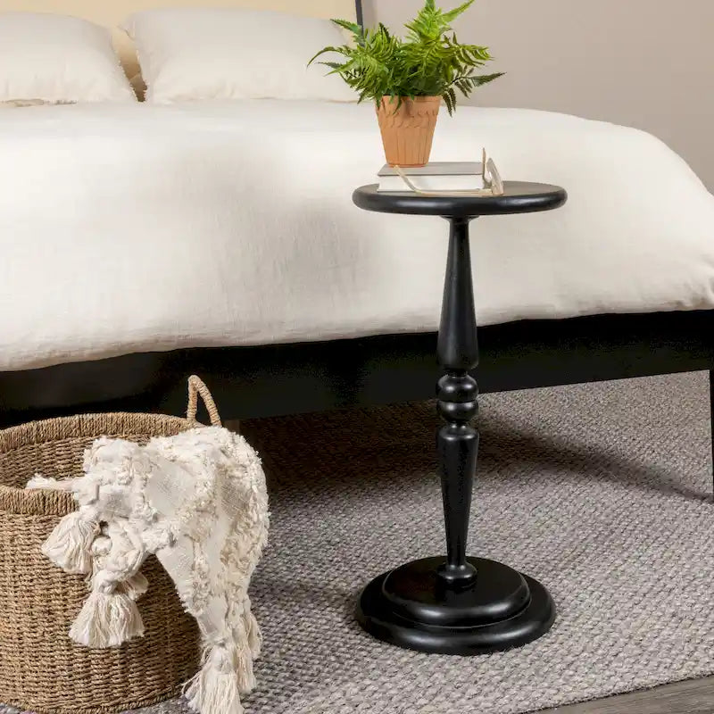 Round Lathe-Turned Hardwood Pedestal Side Table Dark Chestnut Dove Grey Black