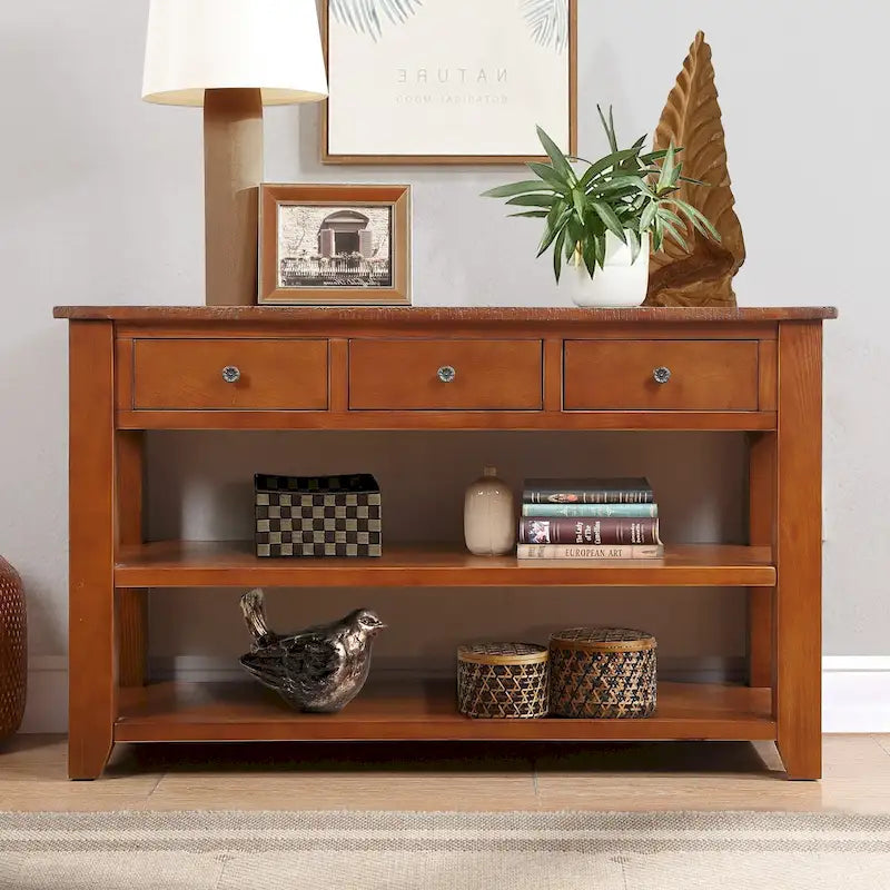 Vintage Distressed Pine Wood Console Table with Drawers and Shelves, Brown