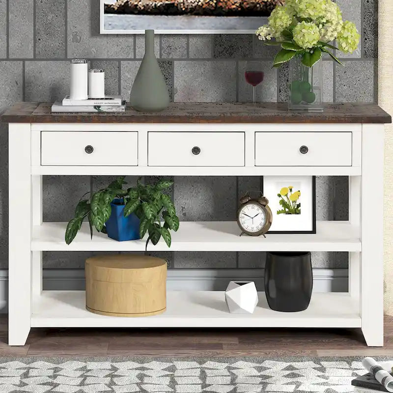 Vintage Distressed Pine Wood Console Table with Drawers and Shelves, Brown