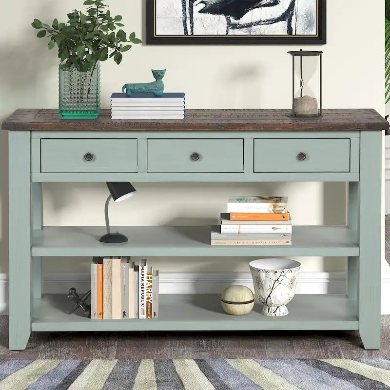 Vintage Distressed Pine Wood Console Table with Drawers and Shelves, Brown