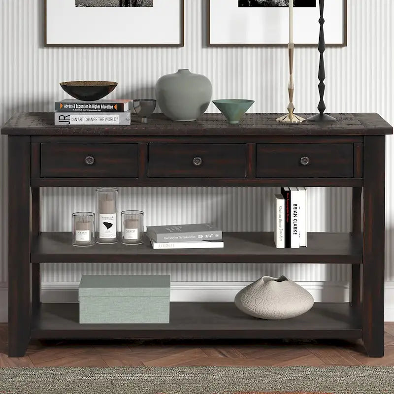 Vintage Distressed Pine Wood Console Table with Drawers and Shelves, Brown