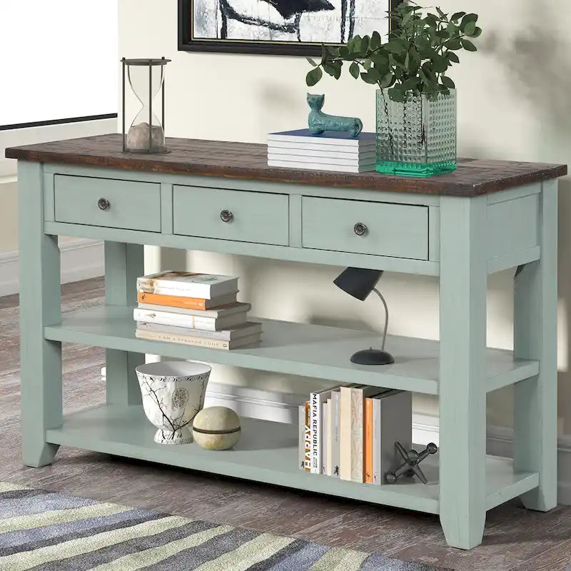 Vintage Distressed Pine Wood Console Table with Drawers and Shelves, Brown