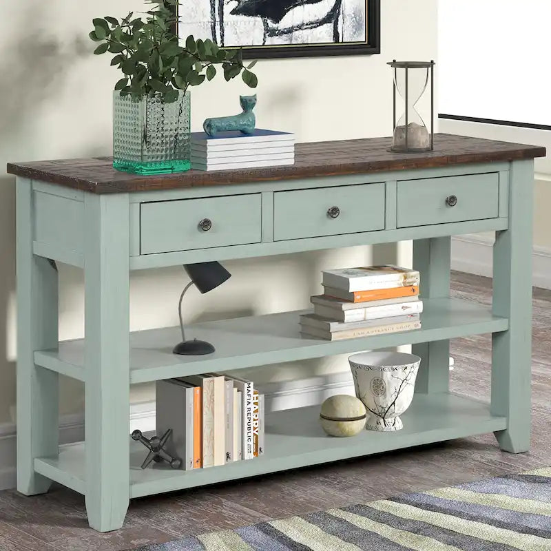 Vintage Distressed Pine Wood Console Table with Drawers and Shelves, Brown