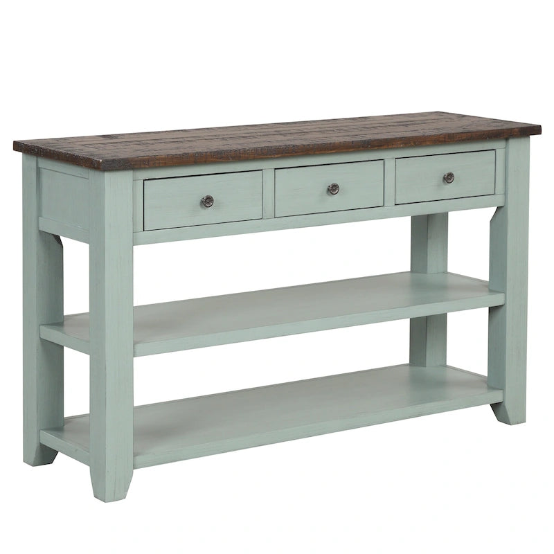 Vintage Distressed Pine Wood Console Table with Drawers and Shelves, Brown