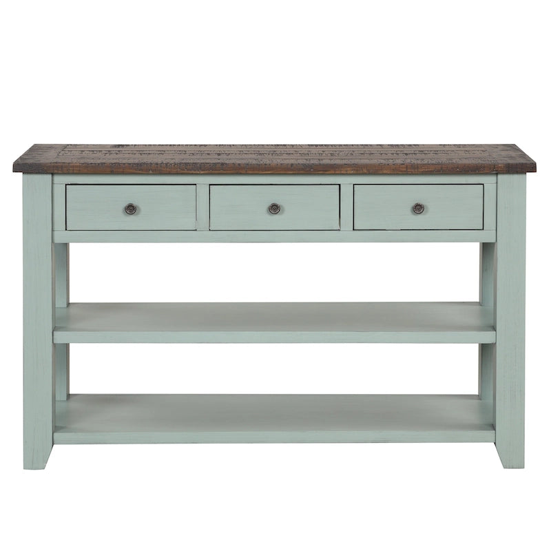 Vintage Distressed Pine Wood Console Table with Drawers and Shelves, Brown