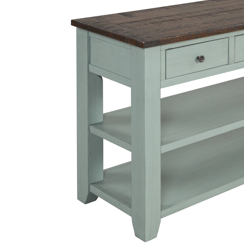 Vintage Distressed Pine Wood Console Table with Drawers and Shelves, Brown