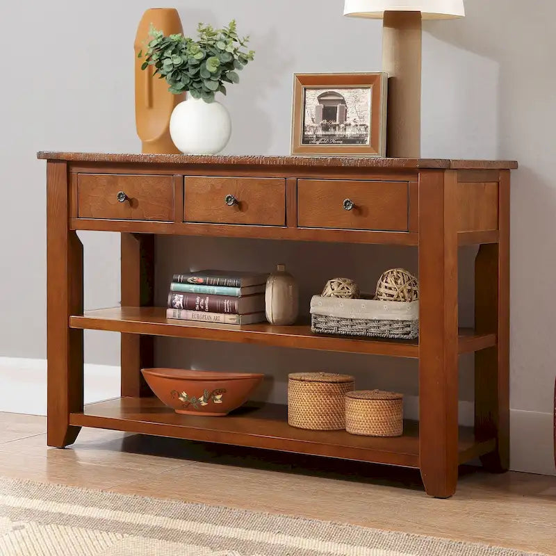 Vintage Distressed Pine Wood Console Table with Drawers and Shelves, Brown