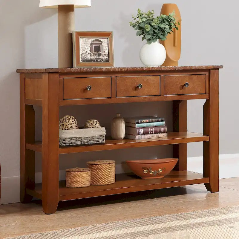 Vintage Distressed Pine Wood Console Table with Drawers and Shelves, Brown