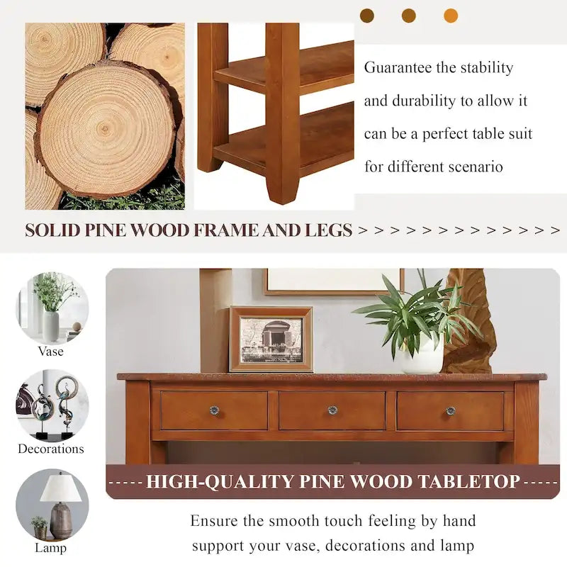 Vintage Distressed Pine Wood Console Table with Drawers and Shelves, Brown