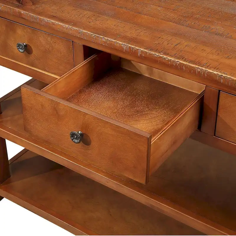 Vintage Distressed Pine Wood Console Table with Drawers and Shelves, Brown