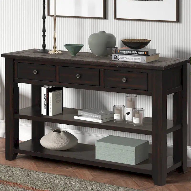 Vintage Distressed Pine Wood Console Table with Drawers and Shelves, Brown