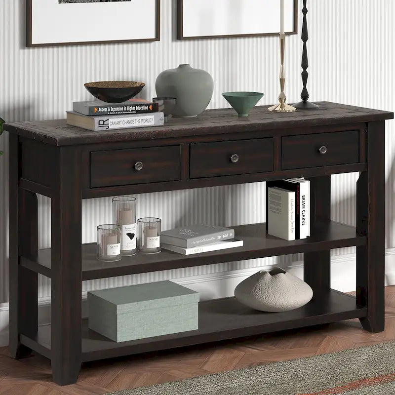 Vintage Distressed Pine Wood Console Table with Drawers and Shelves, Brown